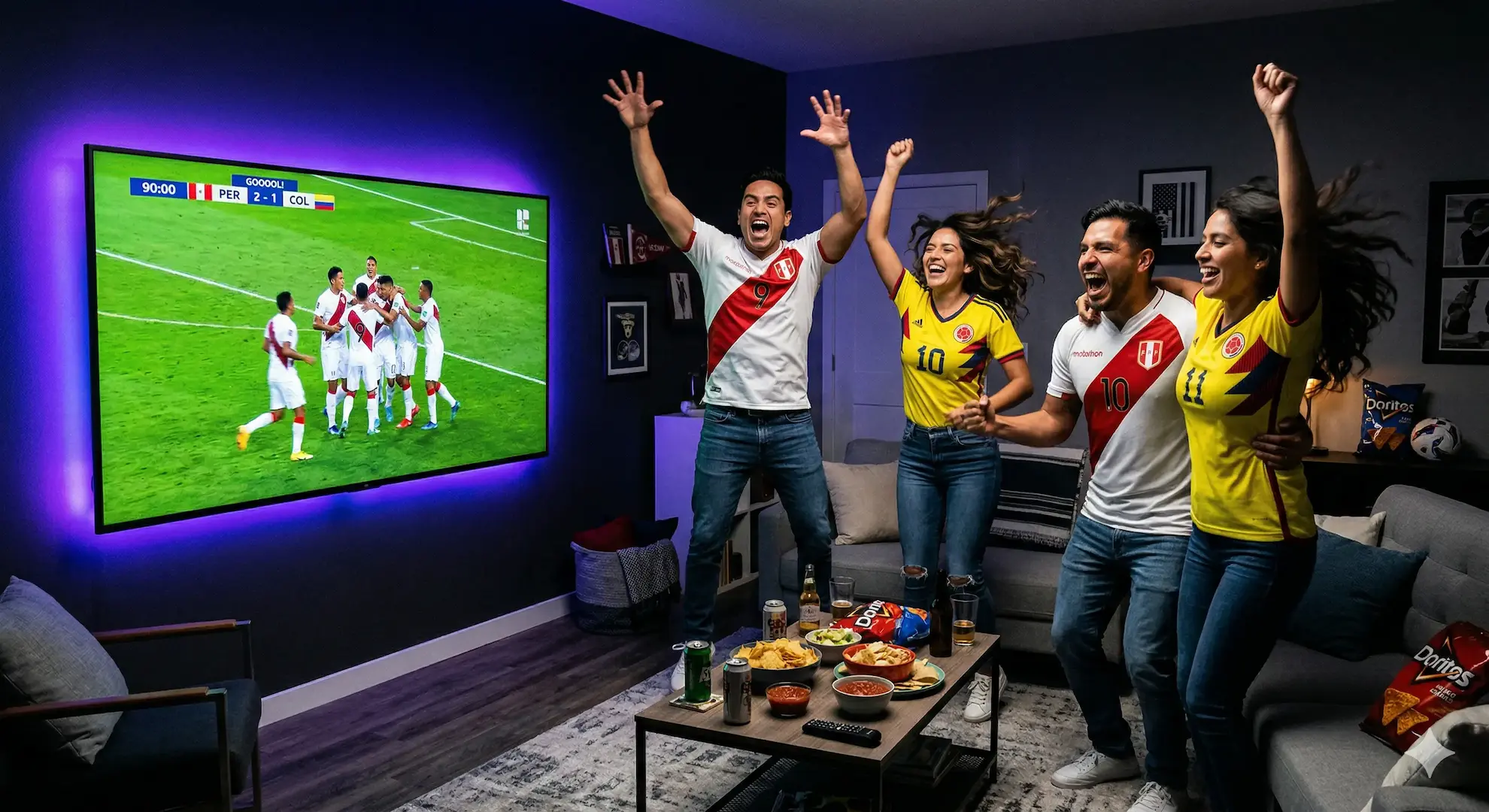 Amigos celebrando gol viendo partido de fútbol en Flujo TV - Streaming IPTV con deportes en vivo